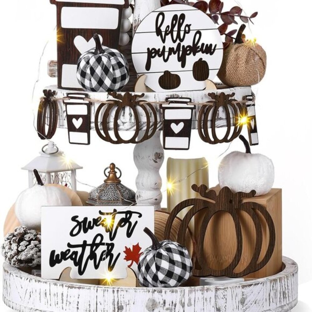 19 PCS Rustic Fall Tiered Tray‎ Decor - Autumn Pumpkins & Farmhouse Signs Set